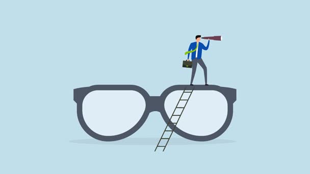 Clear business vision, 4k animation of businessman climb up big eyeglasses see vision on telescope