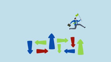 Belirsizliğin üstesinden gelen girişimcilerin 4k animasyonu öngörülemezliğe doğru çeşitli yönleri gösteren oklarla sıçrıyor..