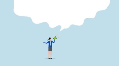 Kadın konuşuyor, iş kadınının 4k animasyonu büyük bir konuşma balonuyla megafona bağırıyor..