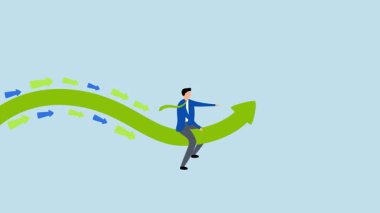 İş trendi, girişimcinin 4k animasyonu küçük takipçilerin eşlik ettiği eğilim oku.