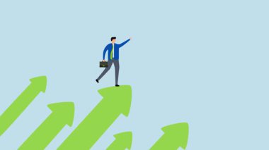 Şirket başarısı ilerliyor, kendine güvenen girişimcilerin 4k animasyonu gökyüzüne doğru yükselen oklar üzerine yerleştirildi..