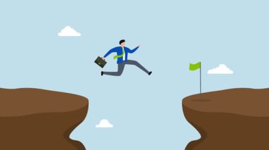 Başarılı olma riskini göze alın, cesur girişimcinin 4k animasyonu diğer tarafta başarı bayrağına ulaşmak için uçurumdan atlıyor..