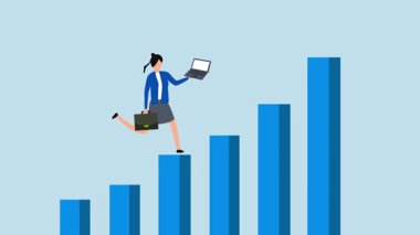 Büyüme, 4k animasyon iş kadını dizüstü bilgisayarla grafik ve grafikleri yükseltiyor