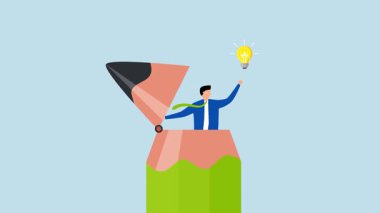 Yaratıcı fikir, 4k animasyon genç yaratıcı adam. Kalem üstü açık. Yeni ampul fikrini keşfetti..