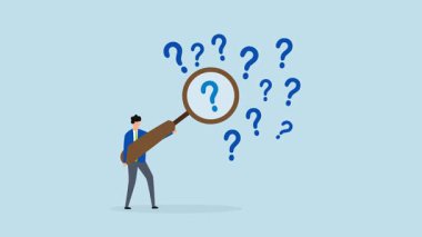 Problem analizi, büyüteçle 4k animasyon işadamı soru işaretlerini analiz ediyor.