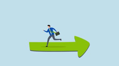 Yanlış yön hataya yol açar, 4k animasyon şaşkın girişimci eğilim okunun yanlış yönüne doğru koşuyor.