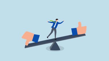 Haksızlık ve erdem değerlendirmesi, 4k animasyon işadamı baş parmakları yukarı aşağı bir tahterevallide sendeliyor..