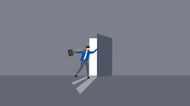 Yeni bir fırsat bulmak için kapıyı aç, 4k animasyon girişimcisi parlak ışığın içeri akışına tanık olmak için kapıyı açar..