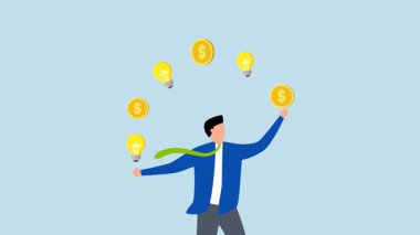 Para kazanmak için fikir, 4k animasyon iş adamı ampul ve para ile hokkabazlık yapan girişimci..