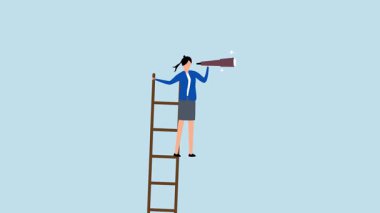 Kariyer fırsatı, 4k animasyon iş kadını teleskopla merdivenleri tırmanıyor..