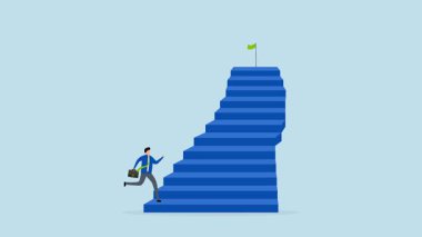 Başarıya giden merdiven, 4k animasyon işadamı hedefe ulaşmak için merdivenlerden koşuyor..