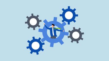 Süreç ve iş akışı optimizasyonu, 4k animasyon işadamı dişli, dişli dişli çarklar süreci optimize etti.