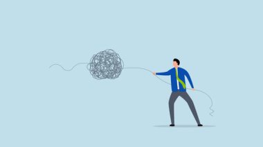 Karışıklık çözüldü, 4k animasyon iş adamı yöneticisi karmaşık halatı çözdü.