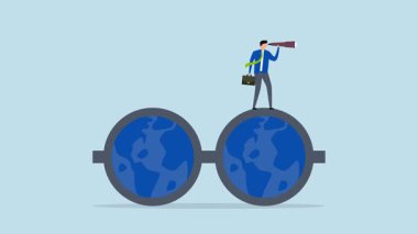 dünya iş görüşü, 4k animasyon girişimcisi dürbünle bakarken dünya haritası içeren gözlük takıyor.