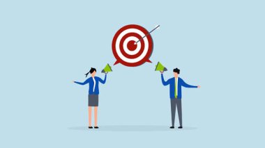 Takım başarısı ve hedefe ulaşmak için etkili iletişim, 4k animasyon İş adamları aynı hedefe doğru bir megafonla iletişim kurarlar.