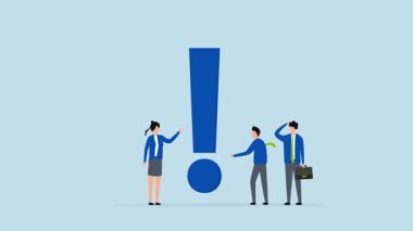 Önemli bilgiler için büyük ünlem işareti, önemli sorun ünlem işaretleri üzerinde düşünen iş adamlarının 4k animasyonu.