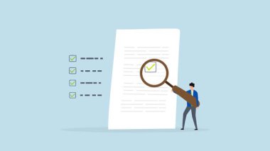 İnceleme belgesi, denetleyici belge ile işadamının 4k animasyonu.