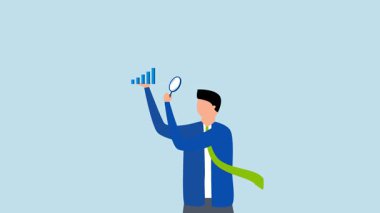 Şirketin şeffaflığı, iş adamlarının 4k animasyonu büyüteçle grafikleri inceliyor.