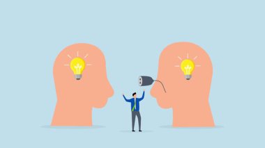 Başarı iletişimi, girişimci bağlantılarının bireysel kafa üzerindeki ampul kavramını aydınlatmaya 4k animasyonu.