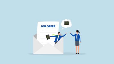 İş teklifi ve e-posta zarfındaki iş adamlarının 4k animasyonu adaylara yeni bir iş imkanı sunuyor.