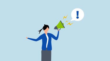 Dikkat dikkat, kendine güvenen girişimcinin 4k animasyonu megafonla konuşuyor, dikkat çekmeye çalışıyor..