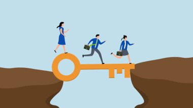 Kilit başarı, iş dünyasının 4k animasyonu anahtar başarı üzerinde yürür boşluk geçer.