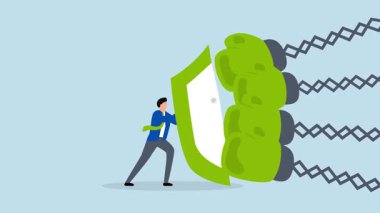 İş tehdidi, iş adamının 4k animasyonu birden fazla saldırganla savaşmak için kalkanı kullanıyor.