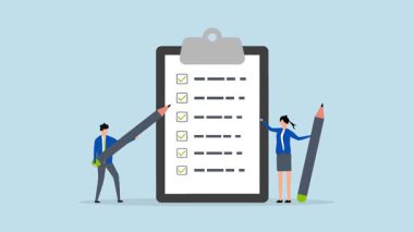 Görev kontrol listesi, pano ve kalem listeli iş adamlarının 4k animasyonu.