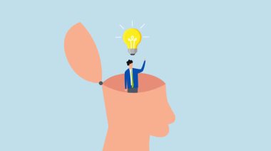 Eureka anı yaşayan bir adamın 4k animasyonu kafasında ampul fikrini keşfetti..