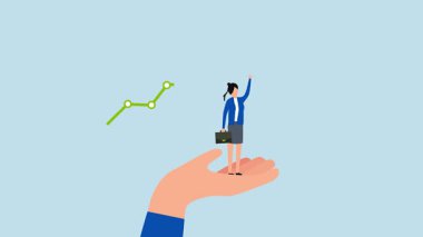 İş başarısı için el desteği, el animasyonunun 4k animasyonu yükselen grafik ile başarı elde etmek için iş kadınına yardımcı olmak.