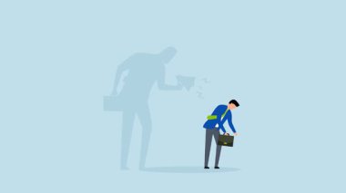 Öz eleştiri, üzgün girişimcinin 4k animasyonu megafon kullanarak kendini suçlamanın gölgesini oluşturuyor.