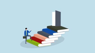 Yeni fırsat için öğrenme, girişimci animasyonu 4k kitap yığını merdiven tırmanarak fırsat girişine ulaşır.