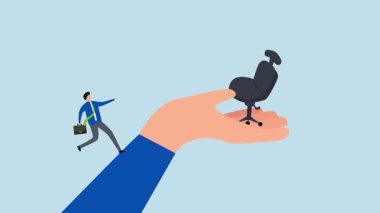 İş fırsatı, iş adamının 4k animasyonu yeni ofis koltuğuna büyük bir el kaldırıyor..