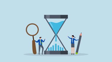 Zaman yönetimi analizi, iş dünyasından profesyonellerin 4k animasyonu, proje yöneticileri ve analistler kum saatinde gösterilen bir zaman çizelgesini inceliyorlar..