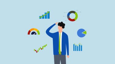 İş adamı finansal veri analizi, veri tablosu ve grafikle iş adamlarının 4k animasyonu.