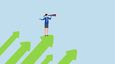 İş kadınının 4k animasyonu büyüme fırsatı ararken, iş fırsatını belirlemek için dürbünle okları inceliyor.