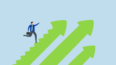 Başarının adımlarını at, iş adamının 4k animasyonu zafer için ok merdiveninden yukarı yürü.