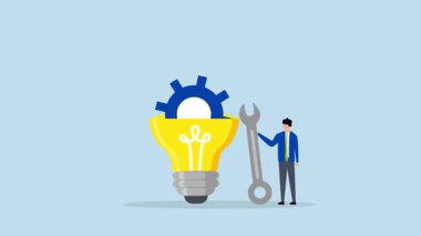 Yenilik geliştirme, iş adamlarının 4k animasyonu ampul fikrinde ekipman inşa etmek.