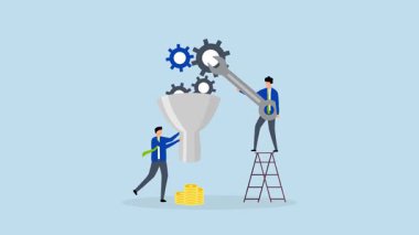 Sonucu iyileştirmek için optimizasyon, işlemleri optimize etmek için ingiliz anahtarı kullanan işadamlarının 4k animasyonu.