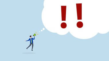 Uyarı mesajı, 4k animasyon Girişimci ünlem işareti ile megafonla bağırıyor.