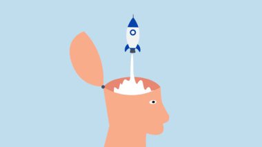 Açık fikirli, insan kafasının 4k animasyonu açık fikirli ve roket fırlatıyor..