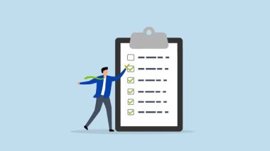 Tam kontrol listesi, iş adamı işaretlerinin 4k animasyonu. Kağıt panosundaki tamamlanmış listeyi kontrol et..