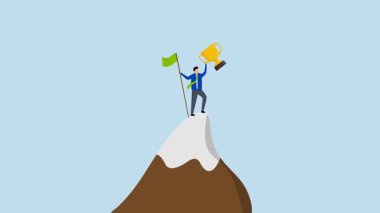 Hedefe ulaşmak için başarı liderliği, dağın zirvesinde zafer bayrağı taşıyan başarılı iş adamının 4k animasyonu.