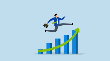 İleri sıçra, iş adamının 4k animasyonu büyüyen grafiğe sıçradı.