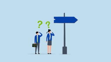 Sanmam, iş dünyasının 4k animasyonu. İnsanlar soru işaretiyle doğru yolu bulur..