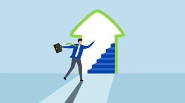 Yeni fırsata giden merdiven, iş adamının 4k animasyonu başarıya giden merdivenleri tırmanmak için açık ok..