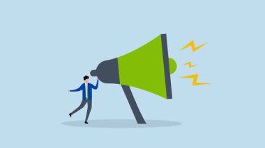 Megafonu güçlendir, iş adamının büyük amplifikatör megafonuyla bağırışının 4k animasyonu.