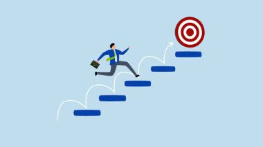 Başarı ve hedefe ulaşmak için ilerleme, iş adamının 4k animasyonu başarıya ulaşmak için merdivenlerden koşar.