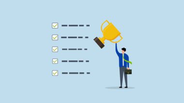 Başarı alışkanlıkları, başarılı iş adamlarının 4k animasyonu zafer kupasını alışkanlık listesiyle elinde tutuyor.