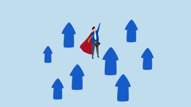 Büyüme, yükselen okla uçan iş adamı süper kahramanının 4k animasyonu.